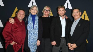 (L-R) Actors Scott Schwartz, Melinda Dillon, production designer Reuben Freed, costume designer Mary E. McLeod and actor Peter Billingsley in Beverly Hills, California, on December 10, 2018. VALERIE MACON / AFP