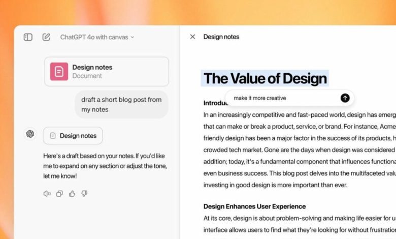 OpenAI تعلن ميزة Canvas لتحسين الكتابة والبرمجة عبر ChatGPT