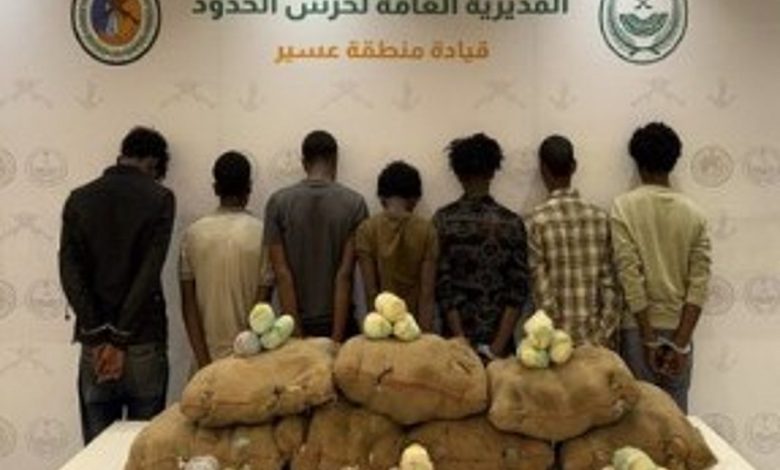 حرس الحدود بعسير يقبض على 7 مخالفين لتهريبهم 140 كيلوجرامًا من القات المخدر