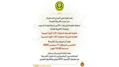 كلية علي الصباح العسكرية إجراء القرعة العلنية لدفعة الطلبة الضباط (51) اليوم