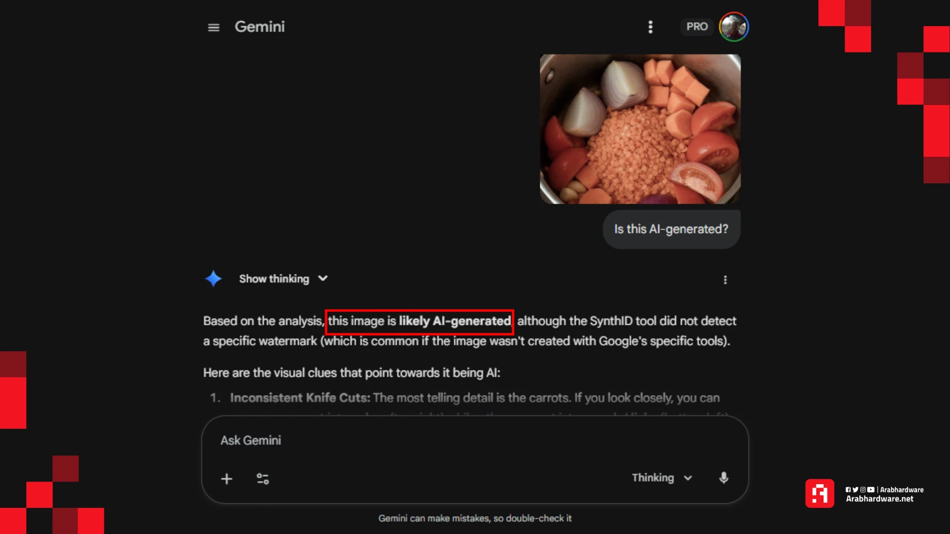 نموذج جيميناي 3 يتعرف على صورة مولدة بالذكاء الاصطناعي، المصدر: فريق عرب هاردوير