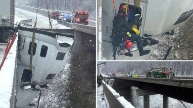 شاهد| إنقاذ سائق تدلت شاحنته فوق جسر معلق