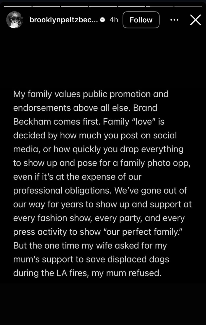 منشور بروكلين بيكهام عبر قصص إنستغرام الخاص به