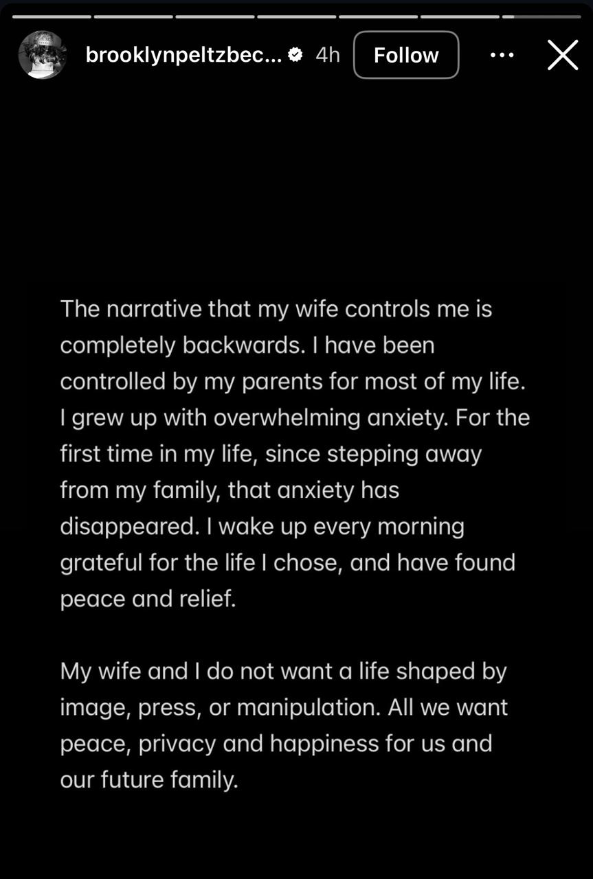 منشور بروكلين بيكهام عبر قصص إنستغرام الخاص به