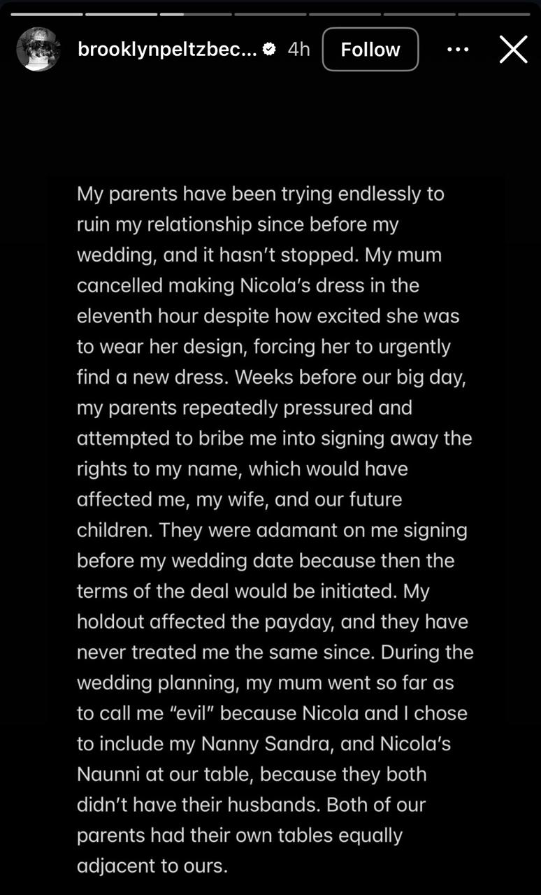 منشور بروكلين بيكهام عبر قصص إنستغرام الخاص به