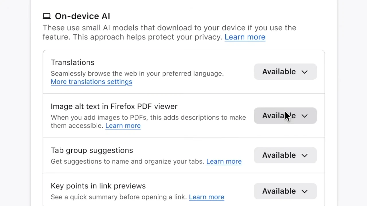 تعطيل جميع مميزات الذكاء الاصطناعي في متصفح فايرفوكس. المصدر: Mozilla