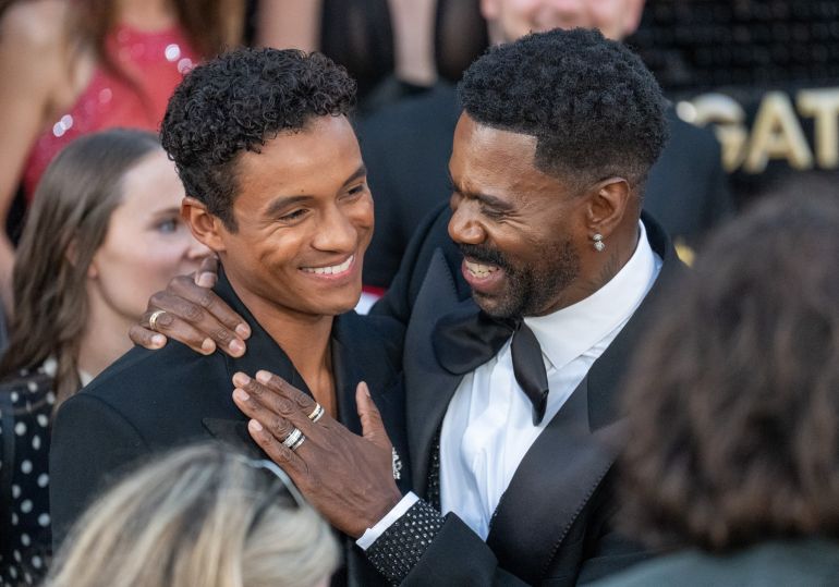 epa12903765 Colman Domingo (R) hugs Jaafar Jackson (L) during the Red Carpet Premiere of MICHAEL at the Dolby Theater in Hollywood, California, USA, 20 April 2026. EPA/Connor Terry